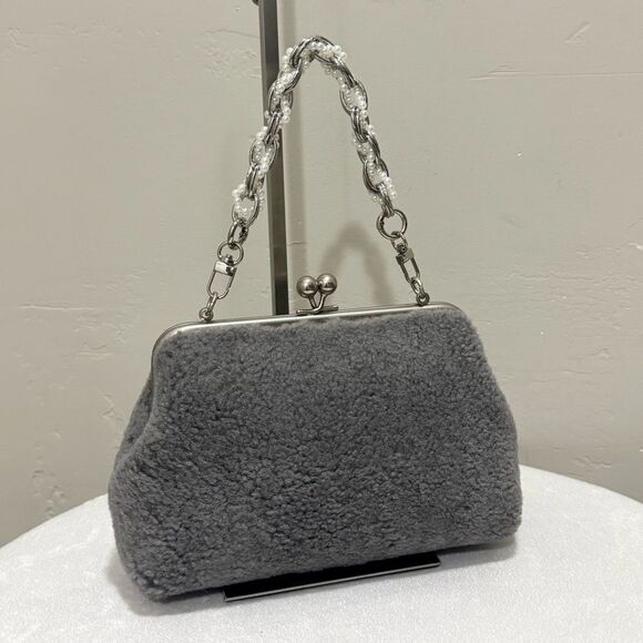 Gray Real Shearling Leather Handmade Kisslock Clutch Shoulder Bag, Crossbody - Picture 5 of 14